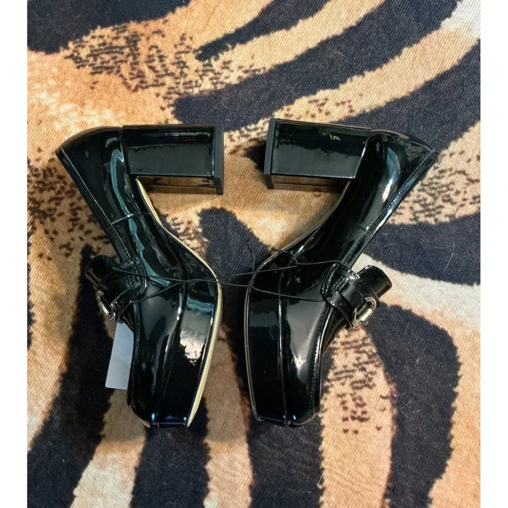 NWT H&M Black Patent Faux Leather Block Chunky Horsebit Loafer Heels
